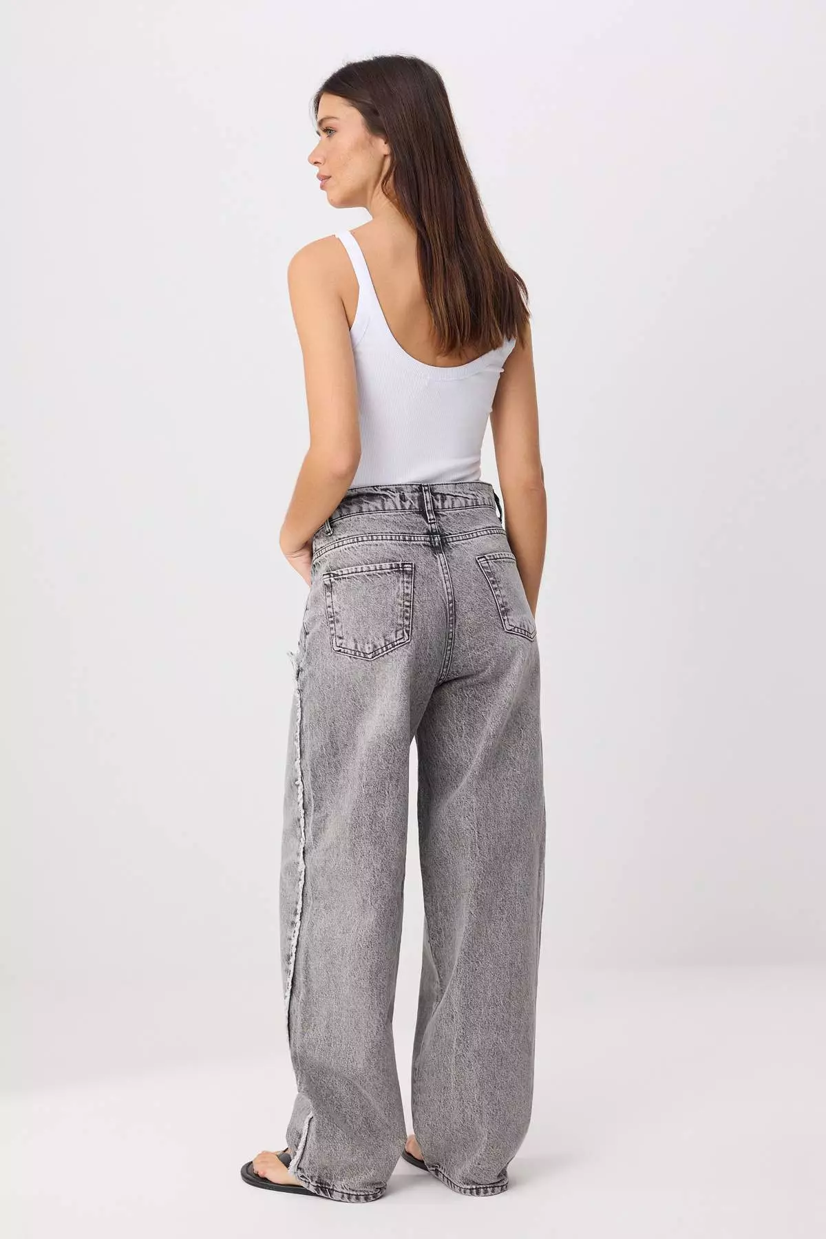 Gray Ripped Detailed High Waist Wide Leg Jeans Twoss26Je00353