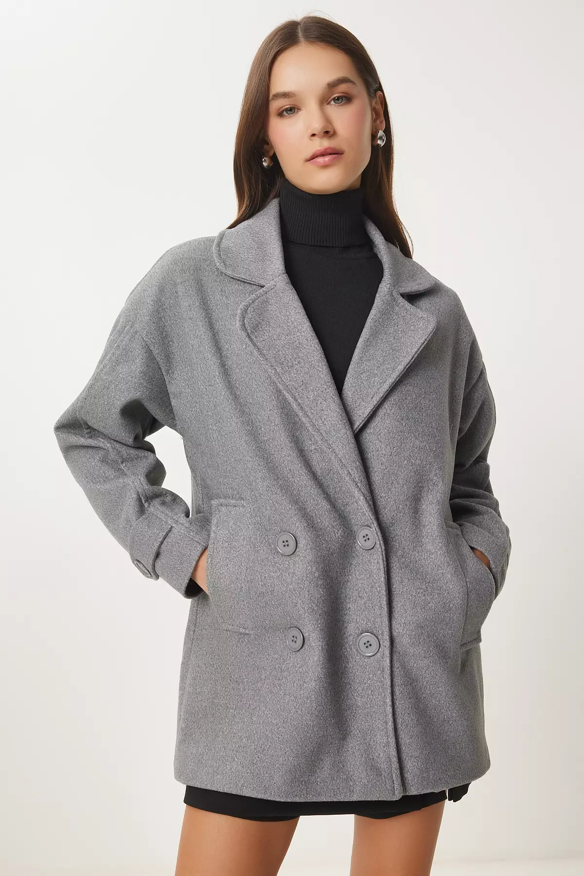 Jual Happiness Istanbul Women's Gray Double Breasted Lapel