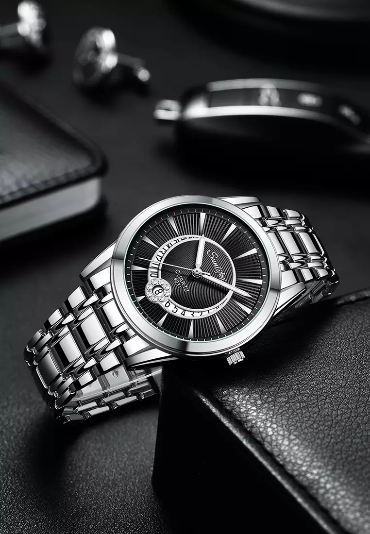 Jam Tangan Pria 9031 Original Luxury Stainless Steel Jam Tangan Cowok black