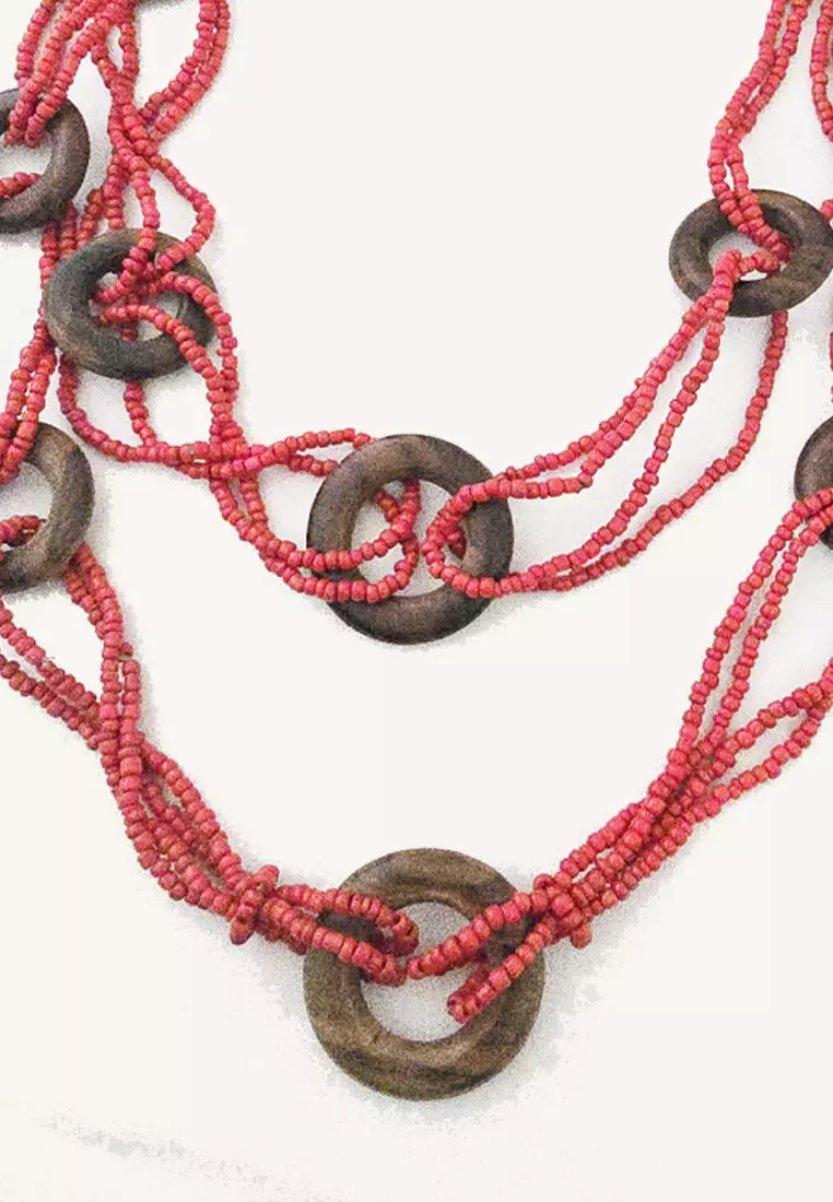 Aksesoris Wanita Loops Wooden Beads Necklace Kalung Wanita Manik-manik Red