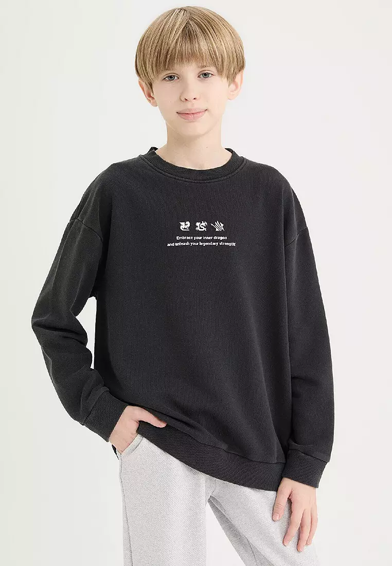 Oversize Wide Cut Crew Neck Back Printed Washed Faded Effect Sweatshirt