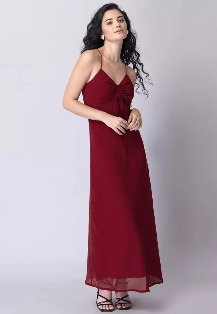 Red Noodle Strap Ruched Maxi Dress