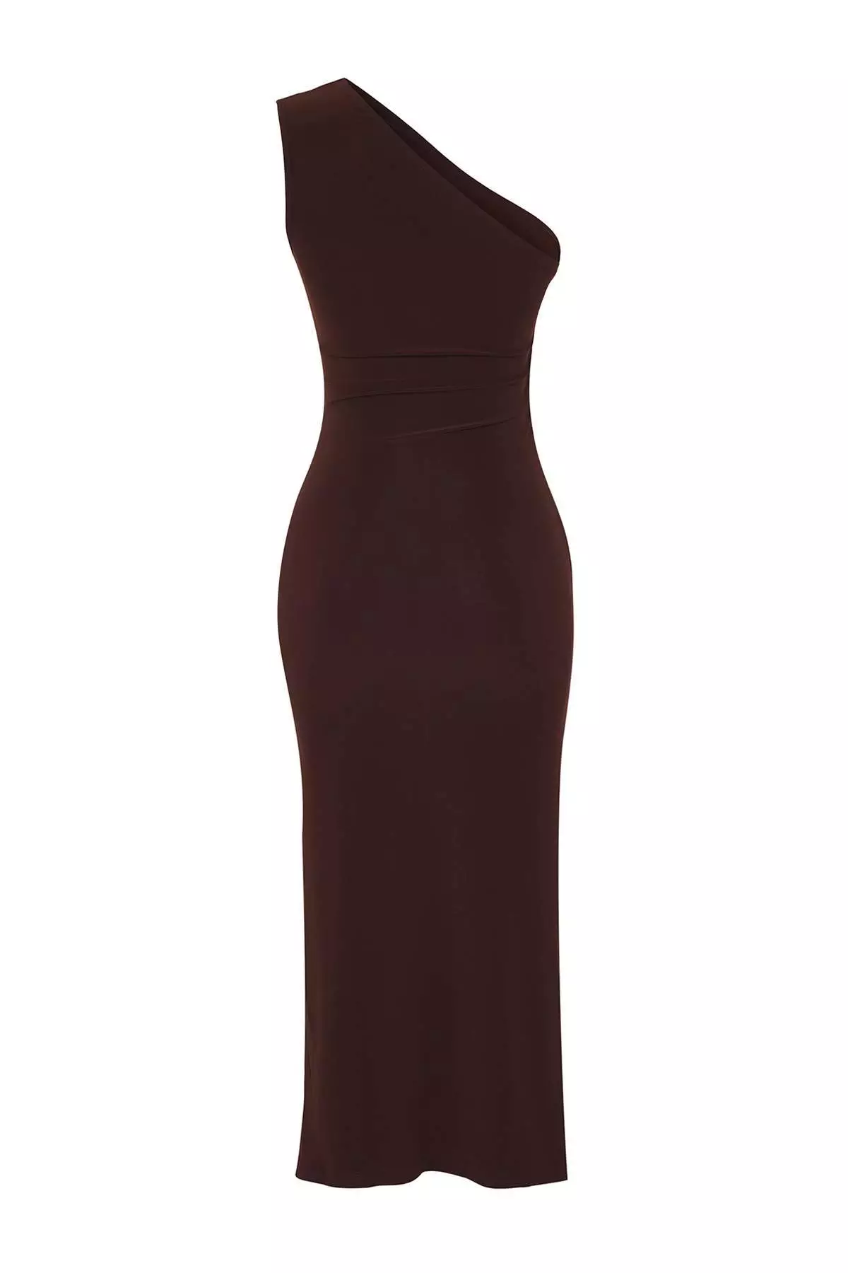 Brown One Shoulder Draped Fitted/Slim Fit Stretchy Knitted Midi Pencil Dress