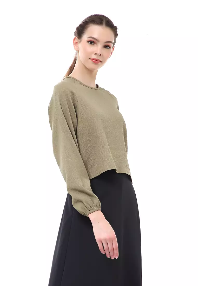 Albertine Blouse Atasan Wanita Lengan Panjang Desain Balon Material Crinkle ORIGINAL - Green