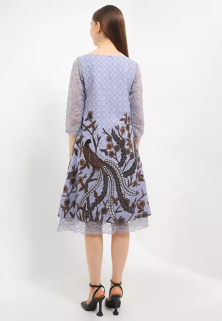 Dress Batik Wanita Furing Kombinasi Lace Brukat Emira Grey