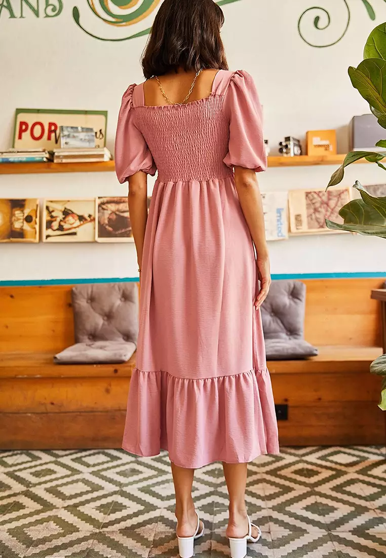 Square Neck Shirring Dress