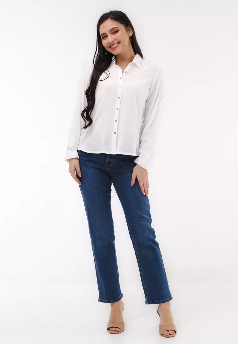 Woven Plain Rayon Long Sleeves Blouse