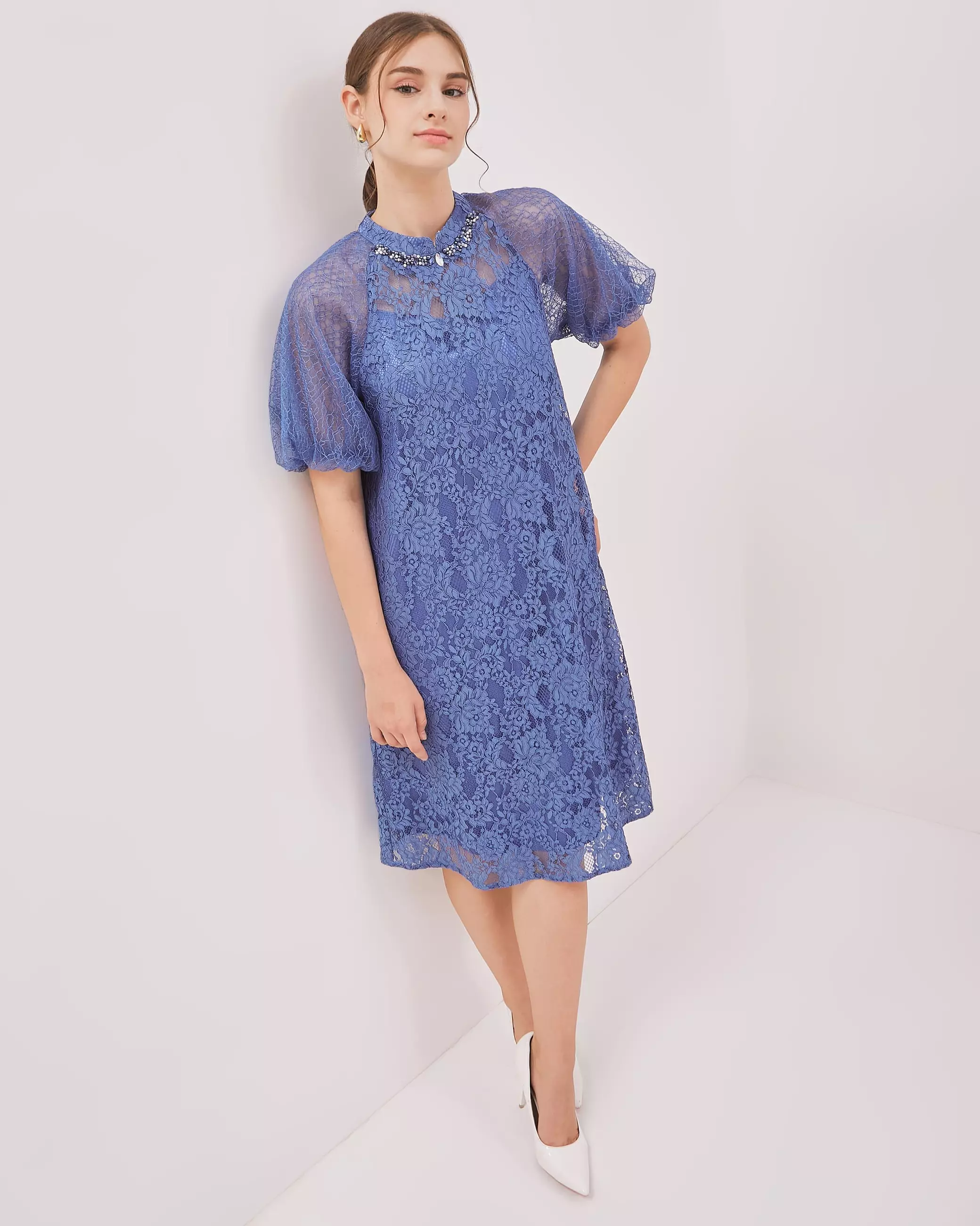 Urban Exchange Jane Dress Blue / Terusan Midi Dress Brokat Festive Natal Warna Blue