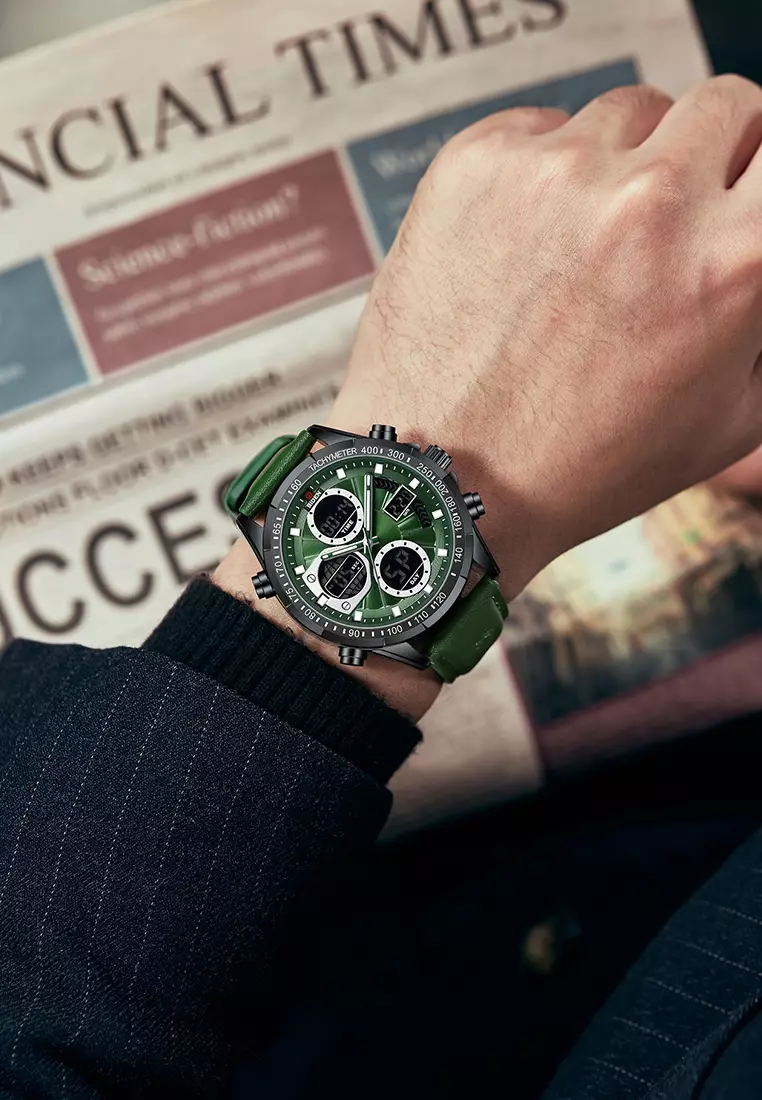 Jam Tangan Pria Original Multifungsi Analog&Digital Tali Kulit Olahraga Anti Air Jam Tangan Cowok Allgreen