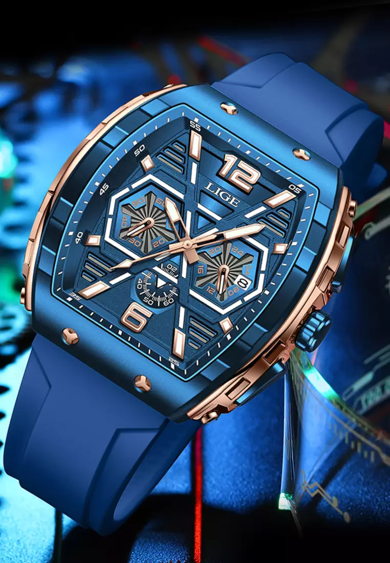 Unisex Tonneau Shaped IP Blue & Rose Gold Color Quartz Watch, Rubber Strap