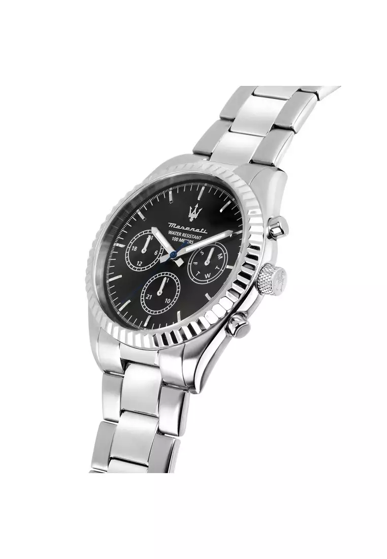 【2 Years Warranty】Maserati Competizione 43mm Black Dial Silver Stainless Steel Chronograph Men's Quartz Watch R8853100023 With Luminous Dial Hands
