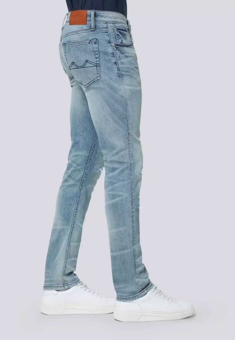 男裝修身錐形V57 Kaihara淺色破洞靛藍牛仔褲