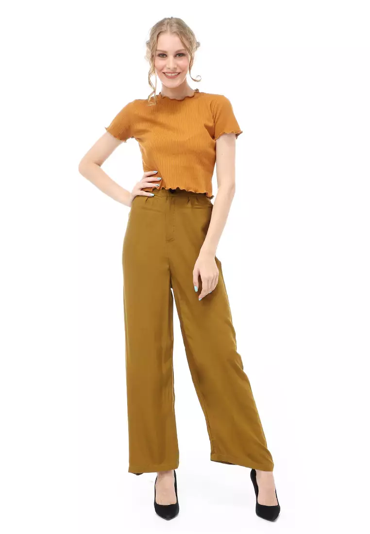 Jourel Celana Panjang Kasual Kulot Highwaist Wanita Style Kancing Resleting Material Rayon ORIGINAL - Olive