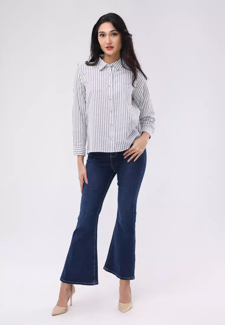 Stripes Linen Long Sleeves Button Down Collared Blouse