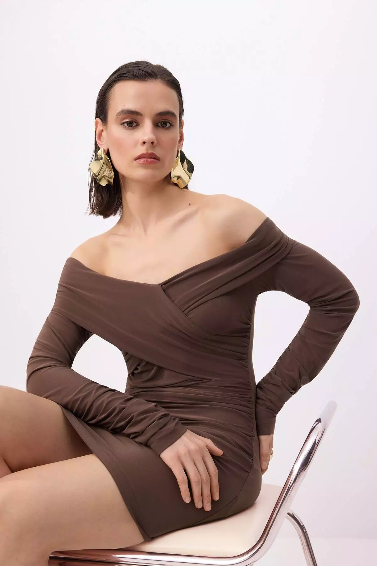 Brown Plain Carmen Collar Mini Sandy Dress Tprss26El142