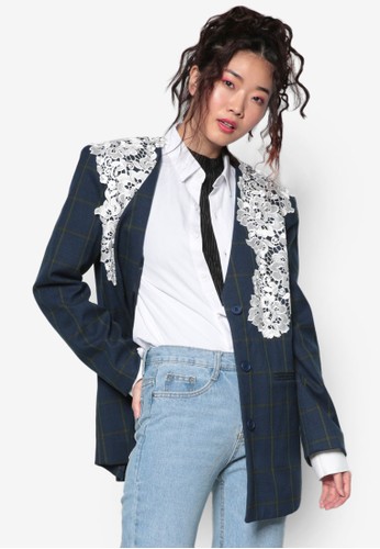 韓式時尚蕾絲飾格子長esprit outlet 家樂福袖外套, 服飾, 外套