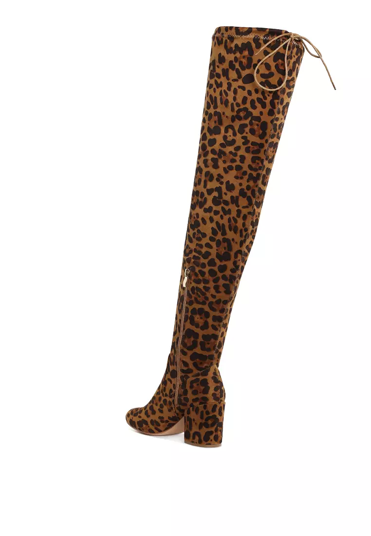 Minimal Drawstring Detail Knee-High Boots in Leopard
