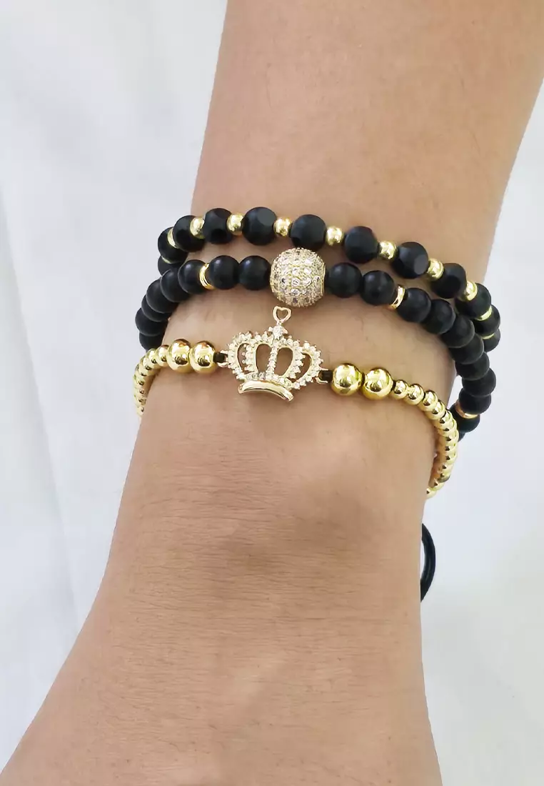Women's Accessories Jewellery Gelang  3 in 1 Wanita Crown Studded Bangle Set Black & Gold