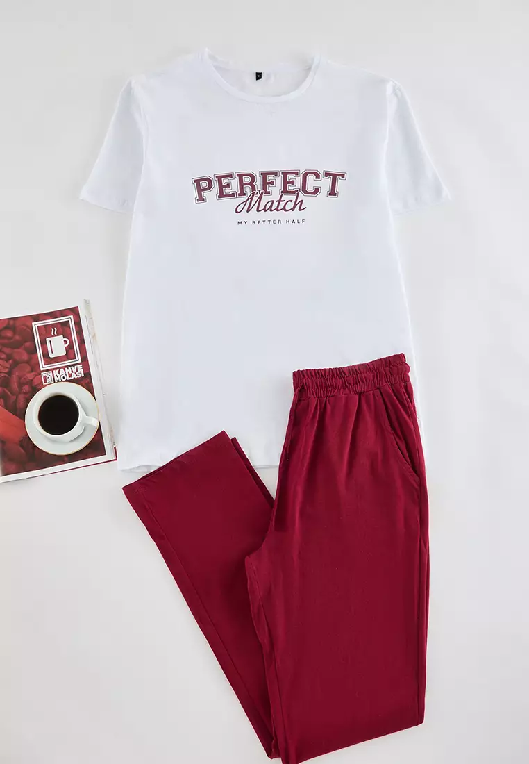 Ecru - Claret Red Regular Fit Knitted Couple 100% Cotton Pajama Set TMNAW25PT00047
