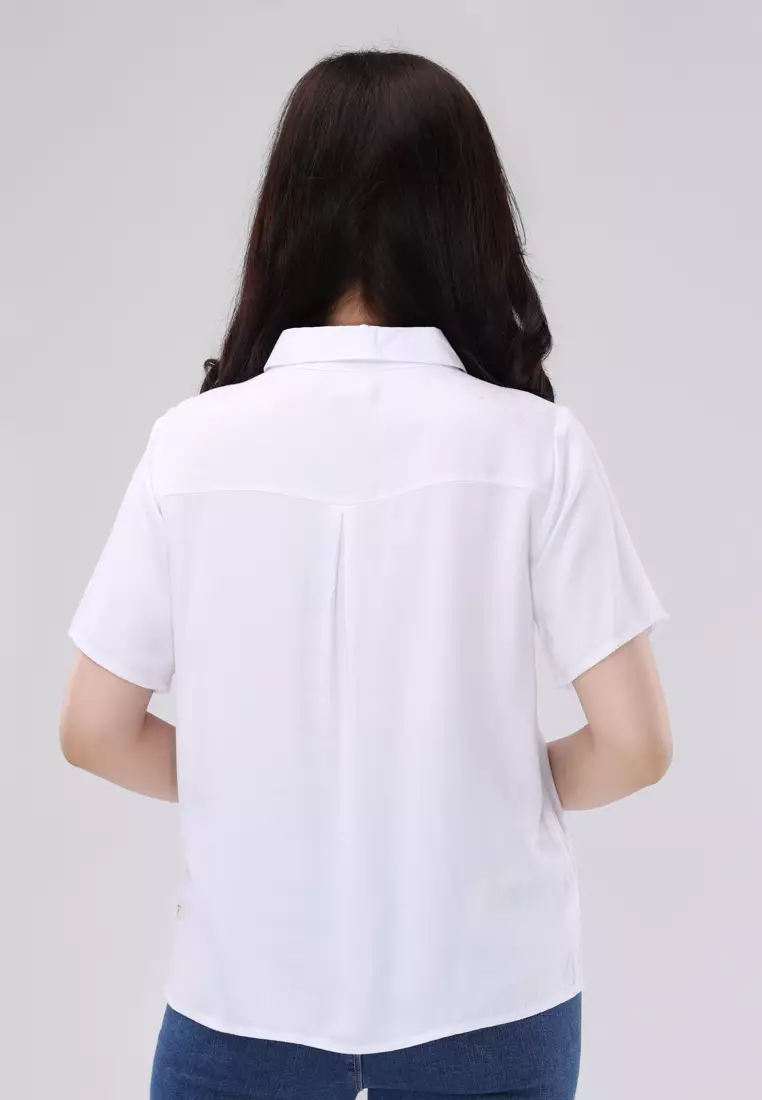 Bold Twill Short Sleeves Collared Blouse