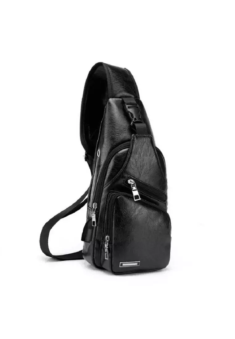 Edbert Tas Selempang Pria Crossbody Sling Bag Desain Large Storage Material Nylon Leather ORIGINAL - Black