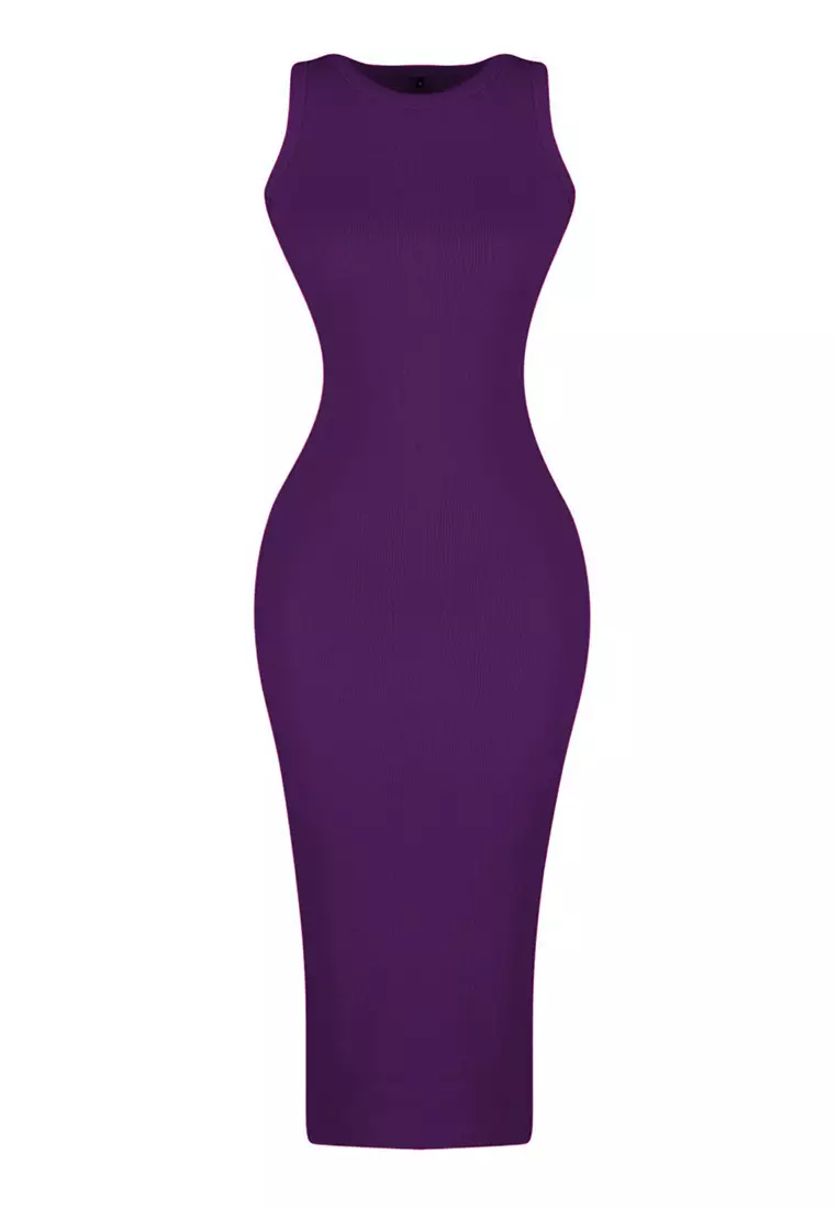 Purple Ribbed Bodycone/Body Sitting Crew Neck Stretchy Midi Knitted Pencil Dress Twoss22El1575