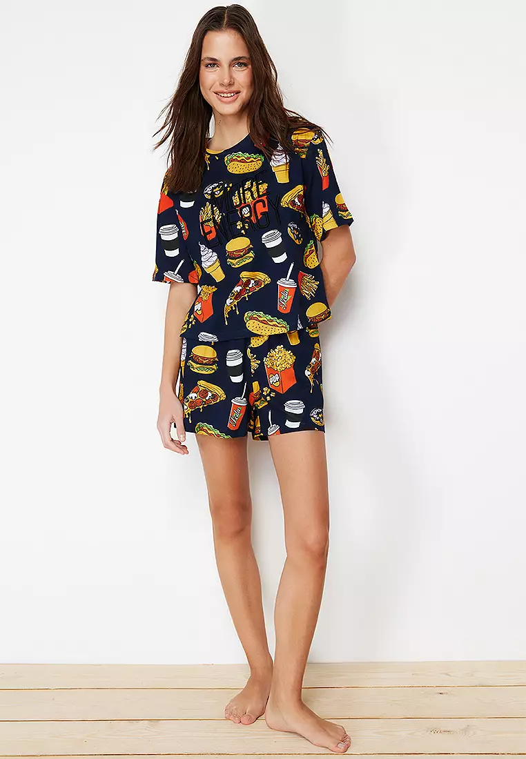 Slogan Embroidered Knitted Pajama Set with Shorts