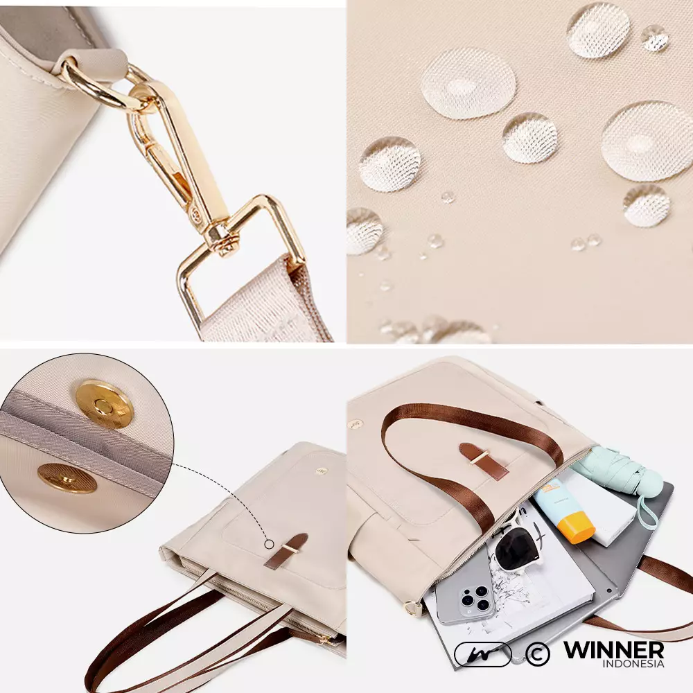 Tas Laptop 14 inch Bahu Selempang Tote Bag Nilon Oxford Wanita Korean Style Anti Air (T14-050-5583) - Khaki 14 inch