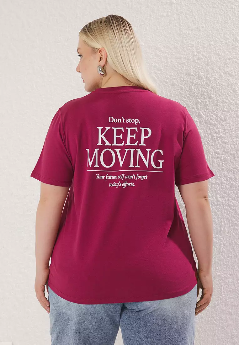 Cherry Back Printed Boyfriend Fit Knitted Plus Size T-shirt TBBSS25BF00059