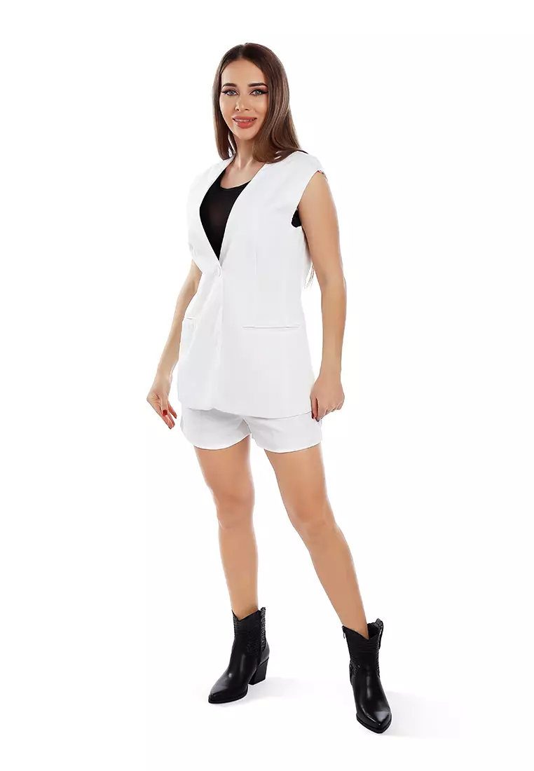 Setelan Rompi Panjang & Celana Pendek Lipit Warna Krem