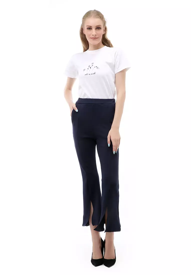 Jourel Long Pants Celana Panjang Casual Wanita Cutbray Split Comportable Material Scuba ORIGINAL - Navy