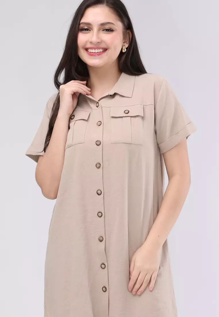 Crumpled Plain Cotton Woven Short Sleeves Dress