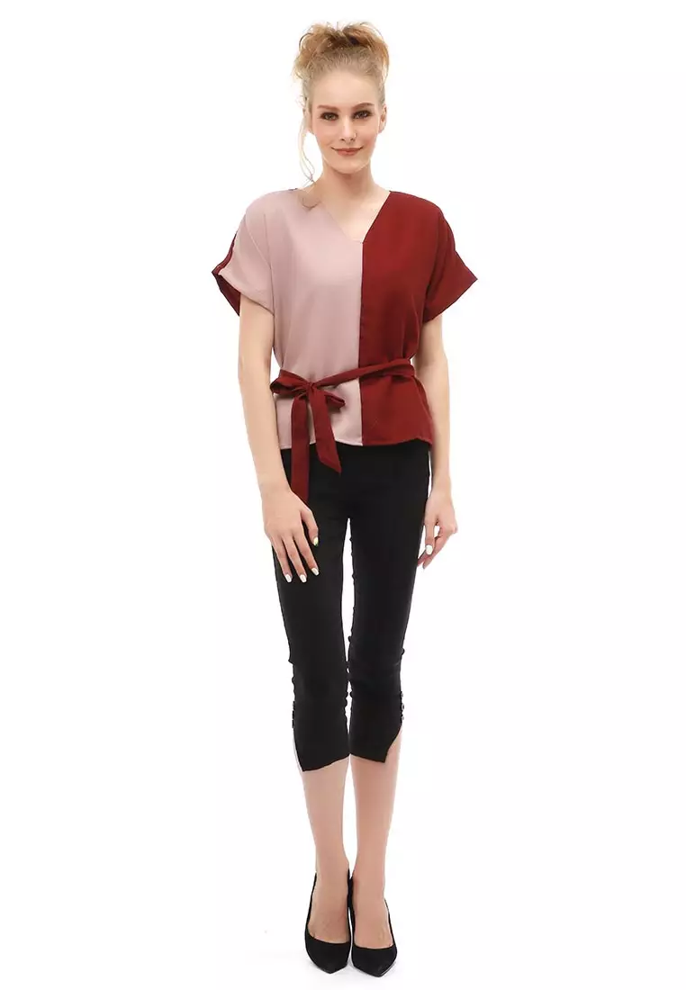 Cheva Blouse Atasan Wanita Kasual Tali Ikat Samping Kombinasi 2 Warna Material Moscrepe ORIGINAL