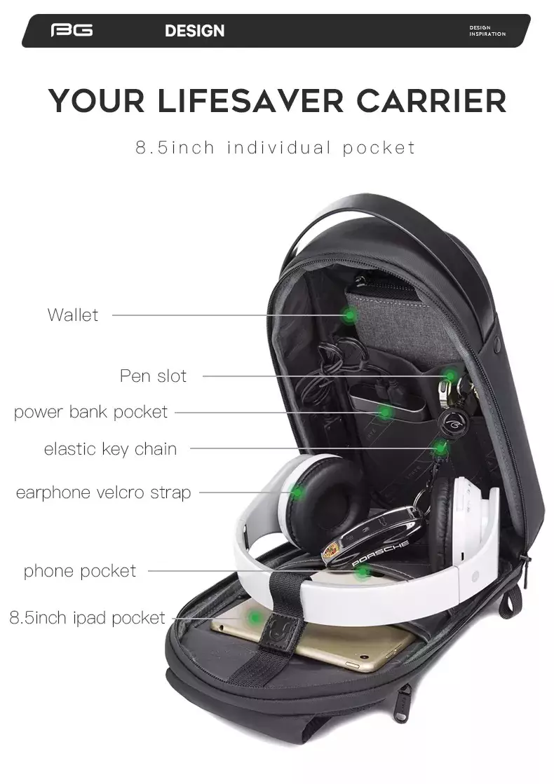 Bange BG7256 Tas Selempang Pria WaistBag Pria Sling Bag Pria USB - BLACK