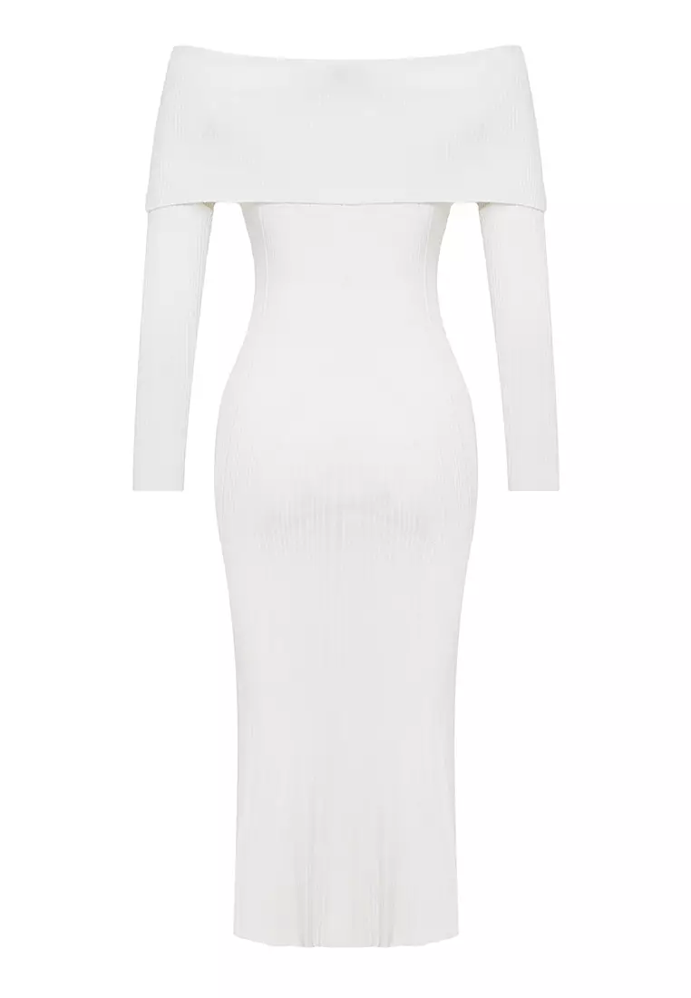 Carmen Collar Ecru Midi Knitwear Dress