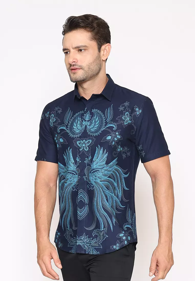 MAGINOT NATA NAVY Batik Slim Fit Lengan Pendek