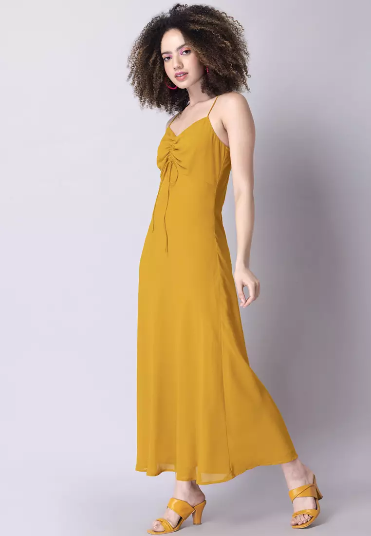 Yellow Noodle Strap Ruched Maxi Dress