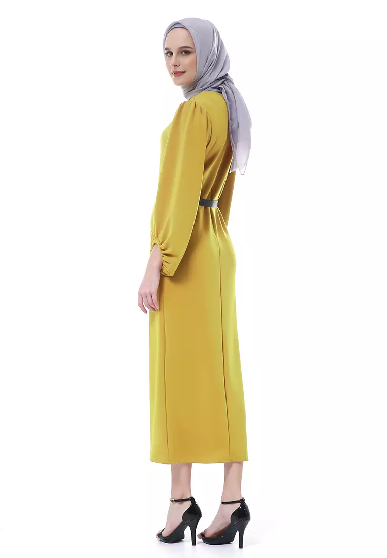 Shima Dress Fashion Muslimah Wanita Long Sleeve Free Belt Premium High Quality - Kuning