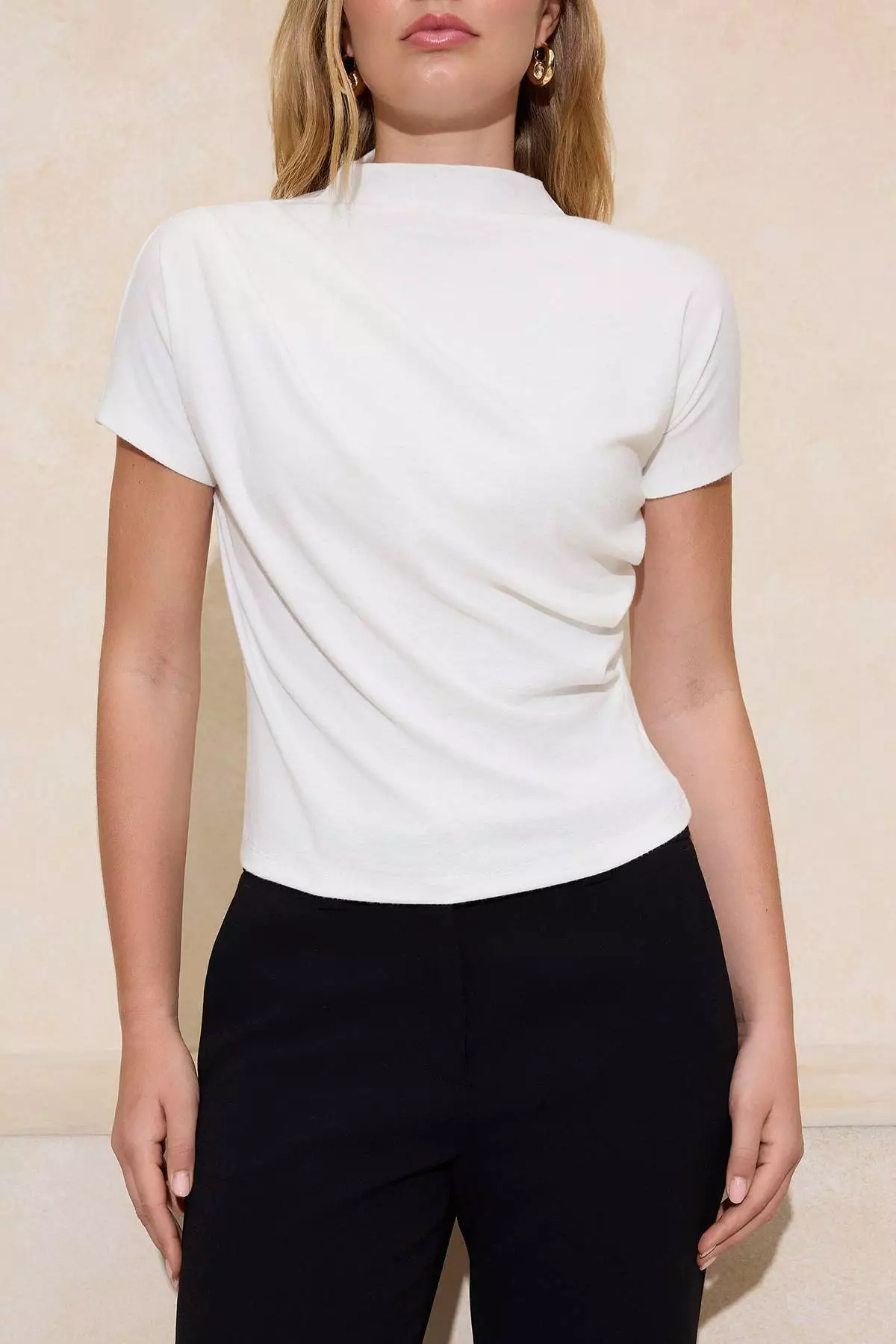 Ecru Regular/Normal Fit Mock Neck Short Sleeve Shirred Tricot Look Knitted Blouse Twoss26Bz236