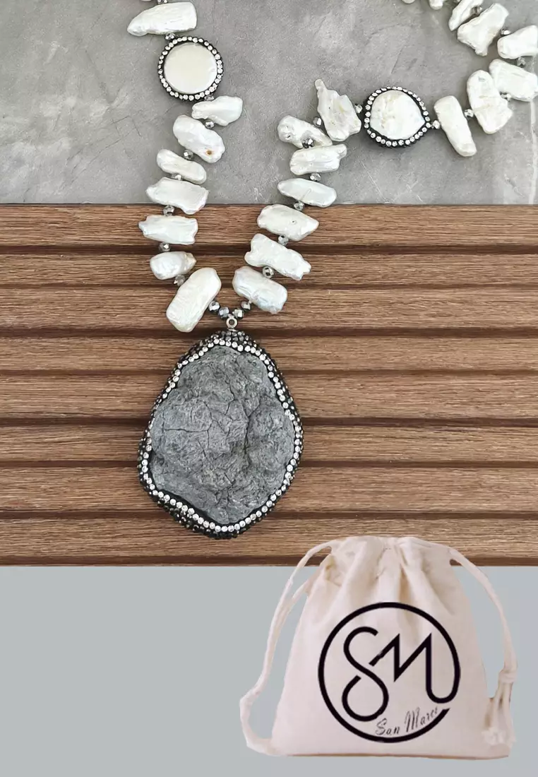 Aksesoris Kalung Wanita Drusy Quartz geode Pendant Pearls Necklace Kalung Wanita Grey & White