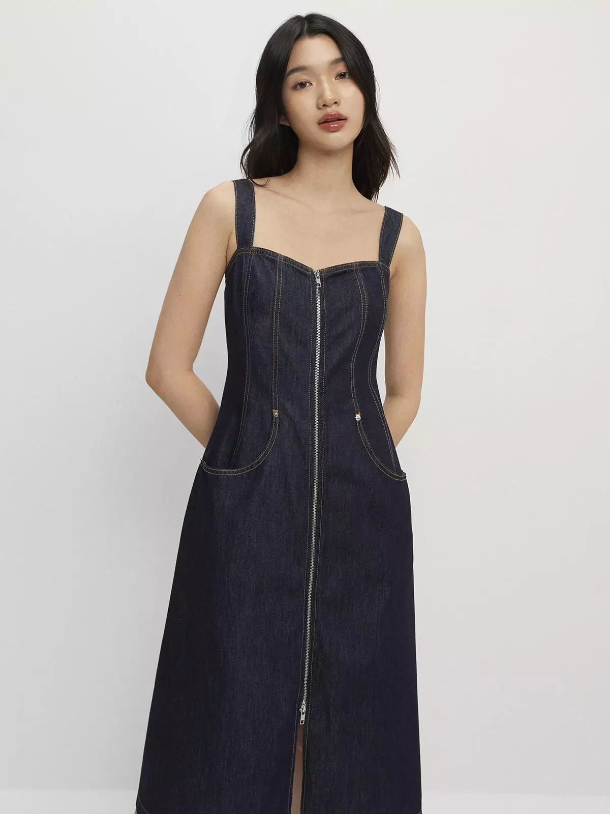 Front Zipper Denim Midi Dress - Dark Blue