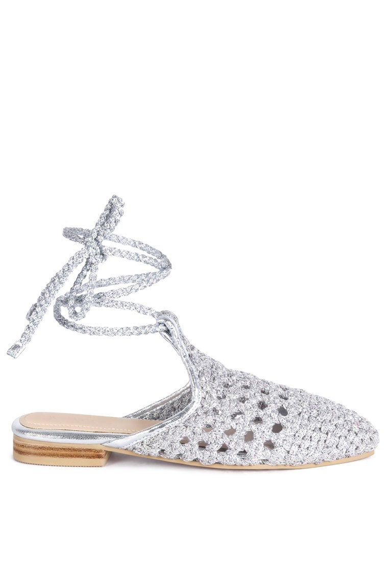 Silver Handwoven Cotton Tie Up Mule Flats