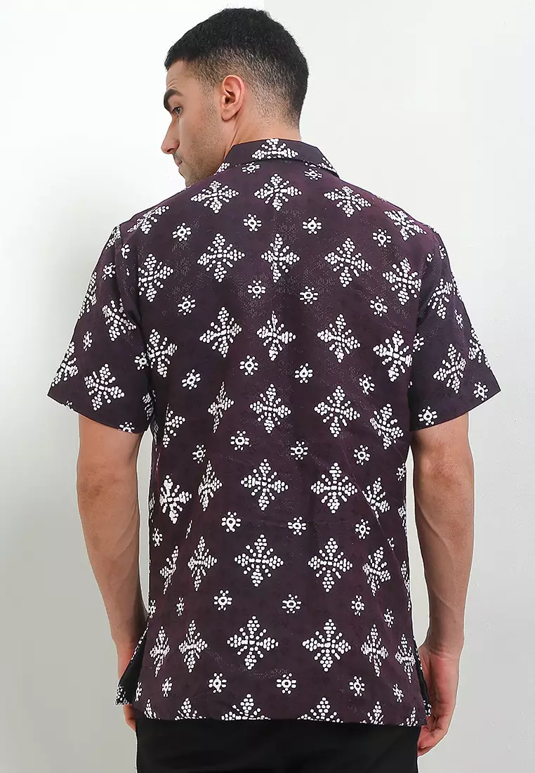 Kemeja Pria Lengan Pendek Batik Cap Dobby Spesial JFW Collection Binar Aska Burgundy