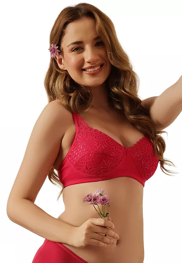 Clovia Non-Padded Non-Wired Full Cup Bra in Hot Pink - Lace