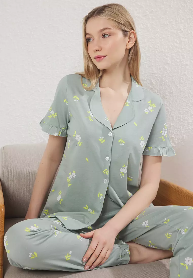 Mint 100% Cotton Floral Ruffle Knitted Pajama Set THMSS24PT00227