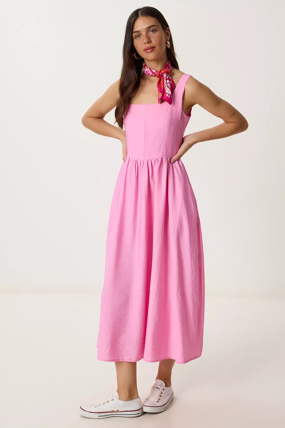 Women's Pink Wrinkle Effect Flared Woven Dress Ub00339