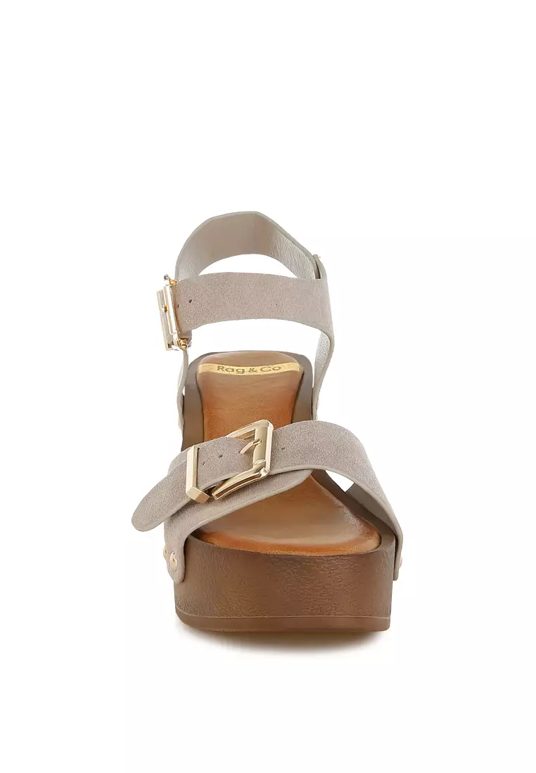 Real Suede Leather Clog Sandals In Beige