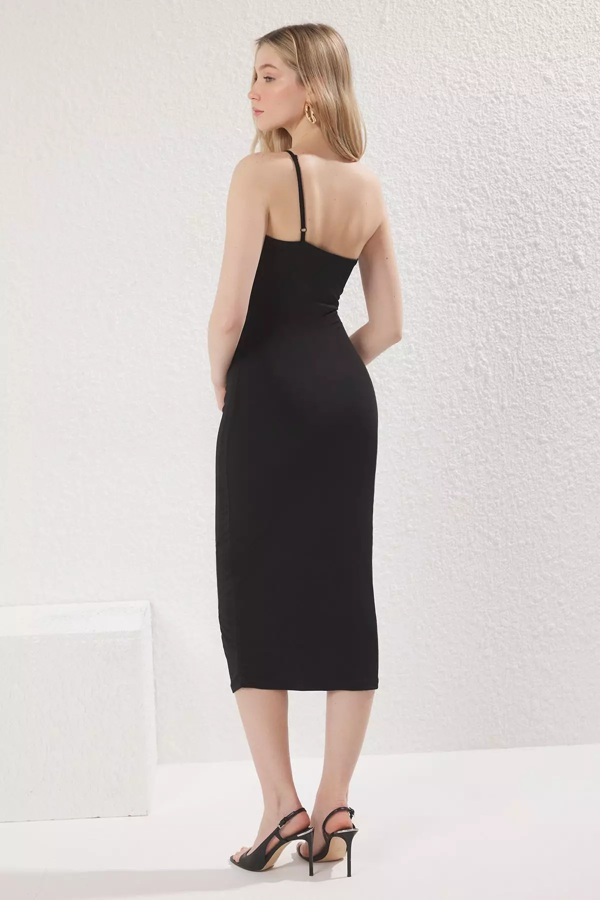 Black Bodycon Midi One Shoulder Adjustable Strap Knitted Pencil Dress Twoss23El01577