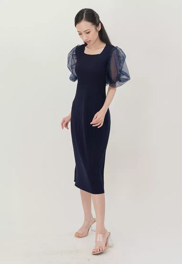 Buy Plain B. Plain B. Puff Sleeve Square Neck Knitted Midi Dinner Dress ...