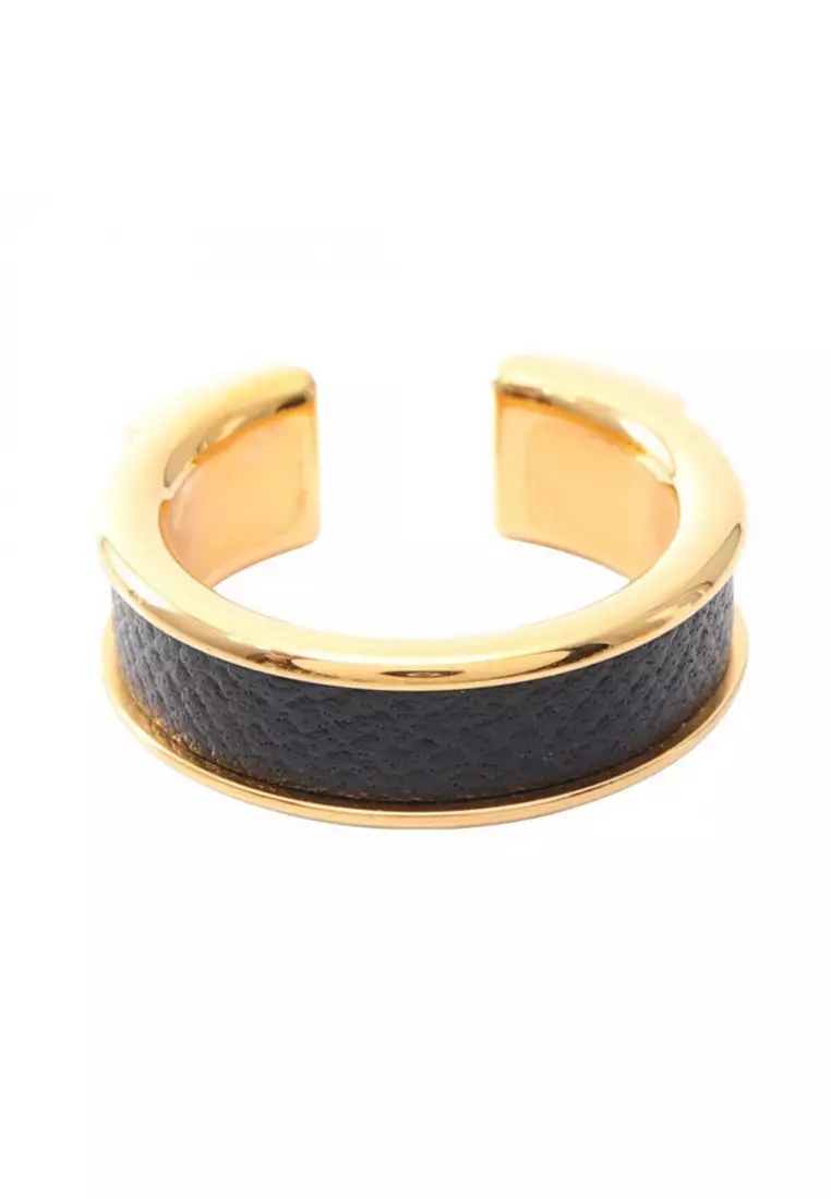 Pre-Loved Hermès Athena Double crew ring ring GP leather gold black